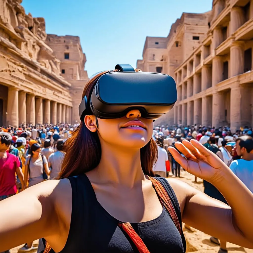 woman wearing VR headset exploring ancient city