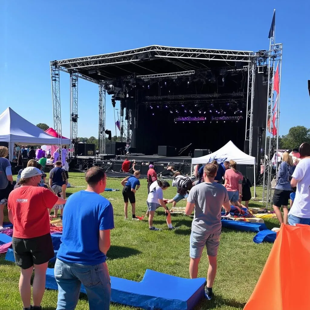 Volunteers setting up a stage at a bustling music festival.