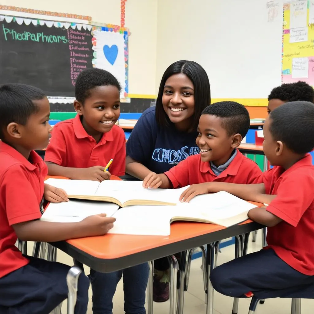 Volunteer teaching children