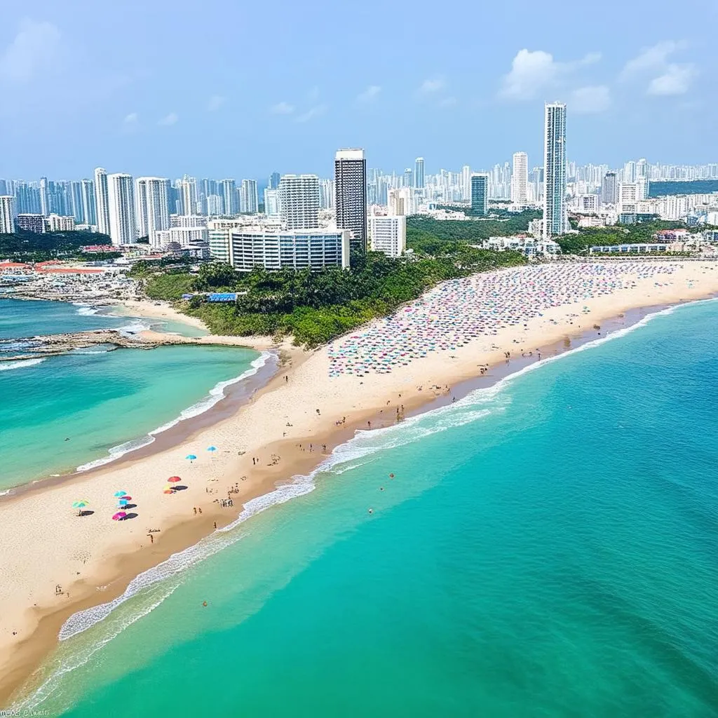 Aerial view of Vung Tau coastline with beach umbrellas