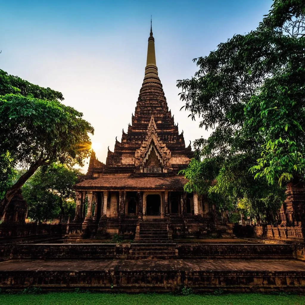 Ancient temple with intricate carvings and a towering chedi in the heart of Chiang Mai.