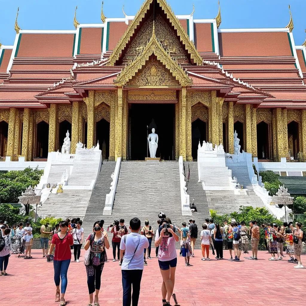 Tourists outside the ornate Wat Phra Kaew (Temple of the Emerald Buddha) in Bangkok