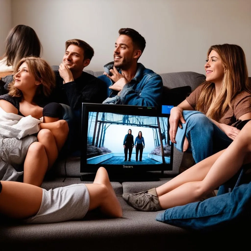 Group of friends watching Travelers on TV