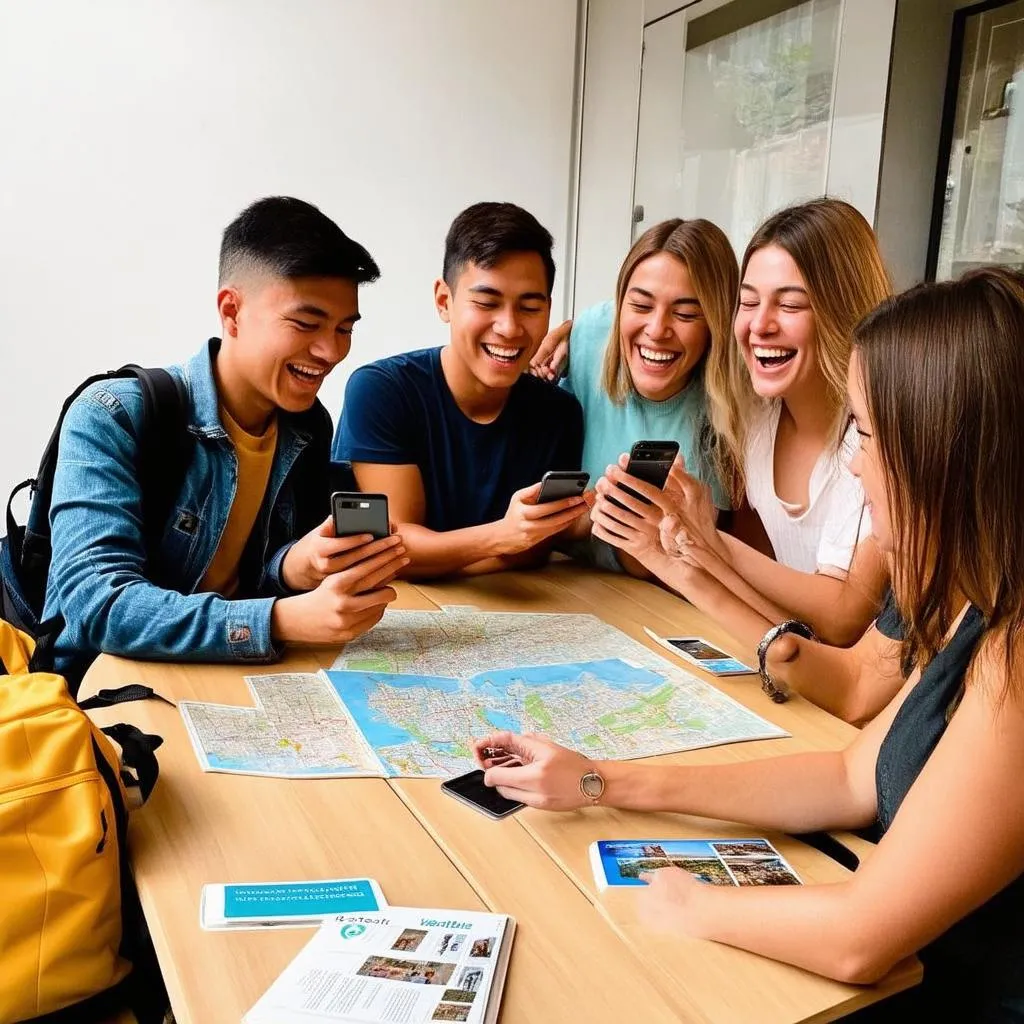 Group of friends using WhatsApp on their phones while traveling