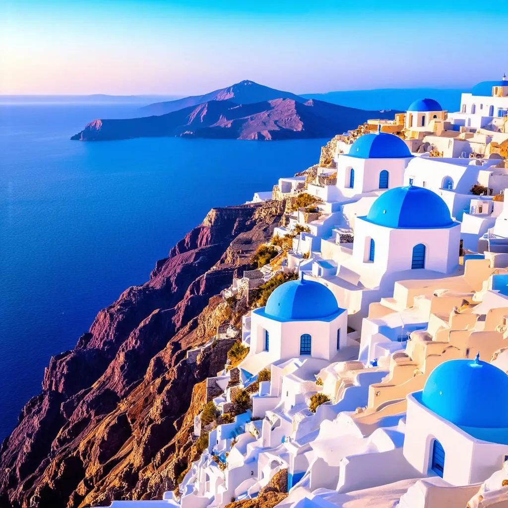 Picturesque white-washed houses perched on a cliffside in Santorini, Greece, overlooking the Aegean Sea.