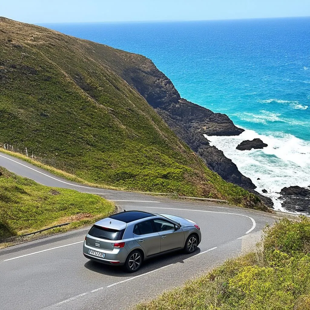 A winding coastal road with a car driving along it.