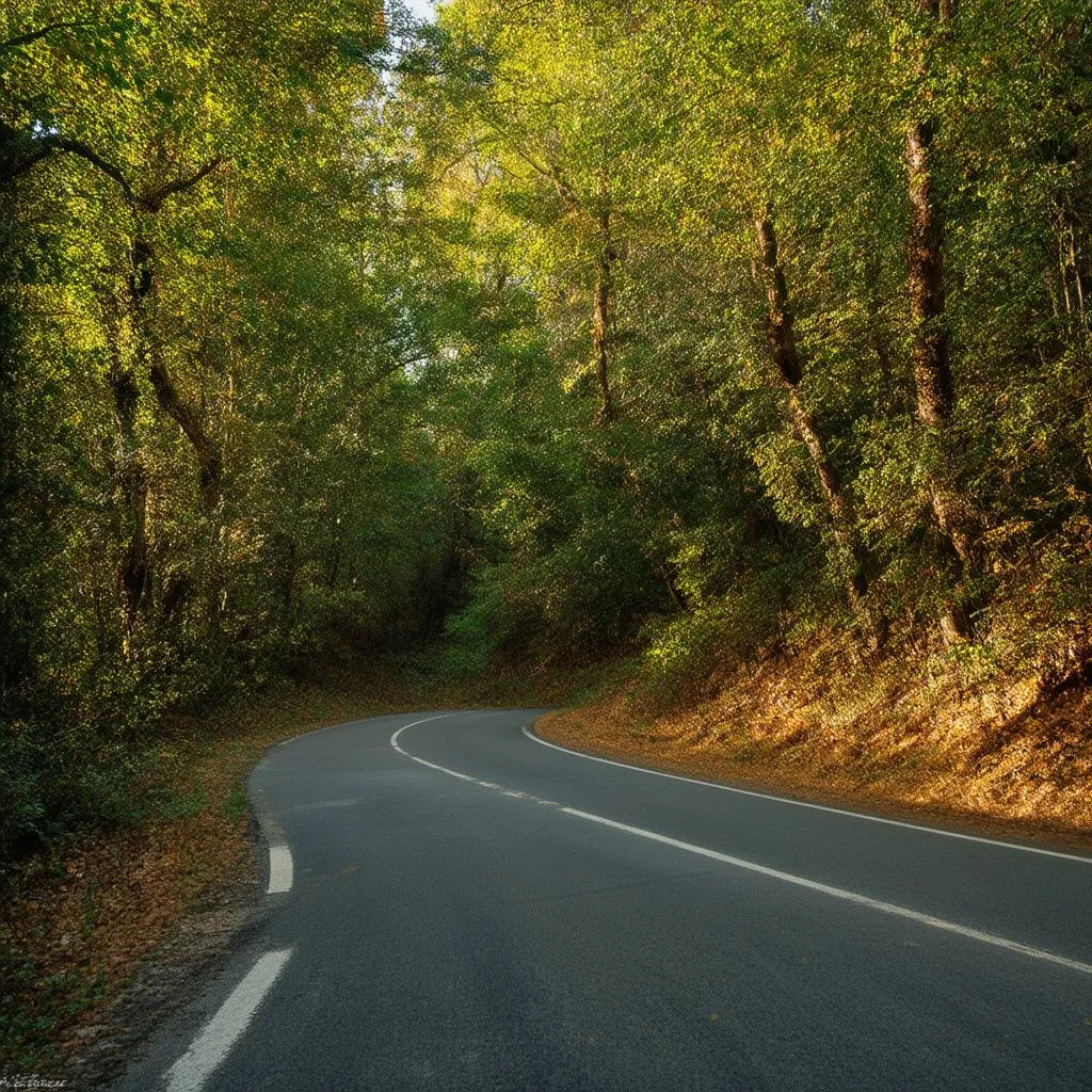 A winding country road surrounded by lush greenery