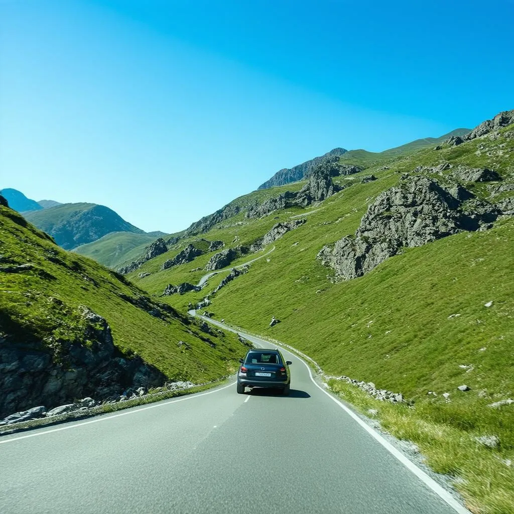 A winding mountain road with a car driving on it.