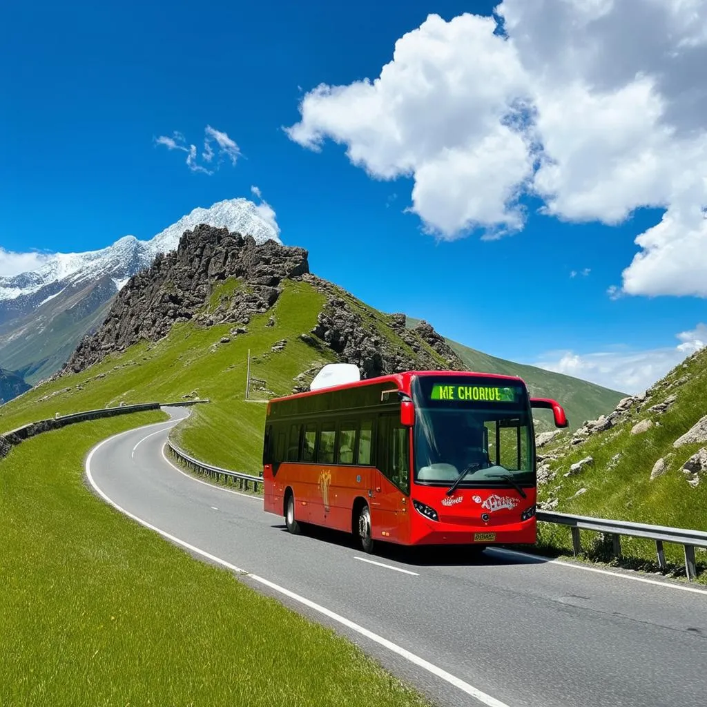 Bus winding through mountain road