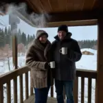 Couple enjoying a hot drink in front of a snowy cabin