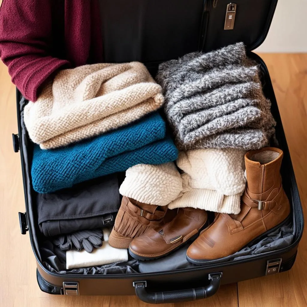 Woman packing a suitcase for a winter trip