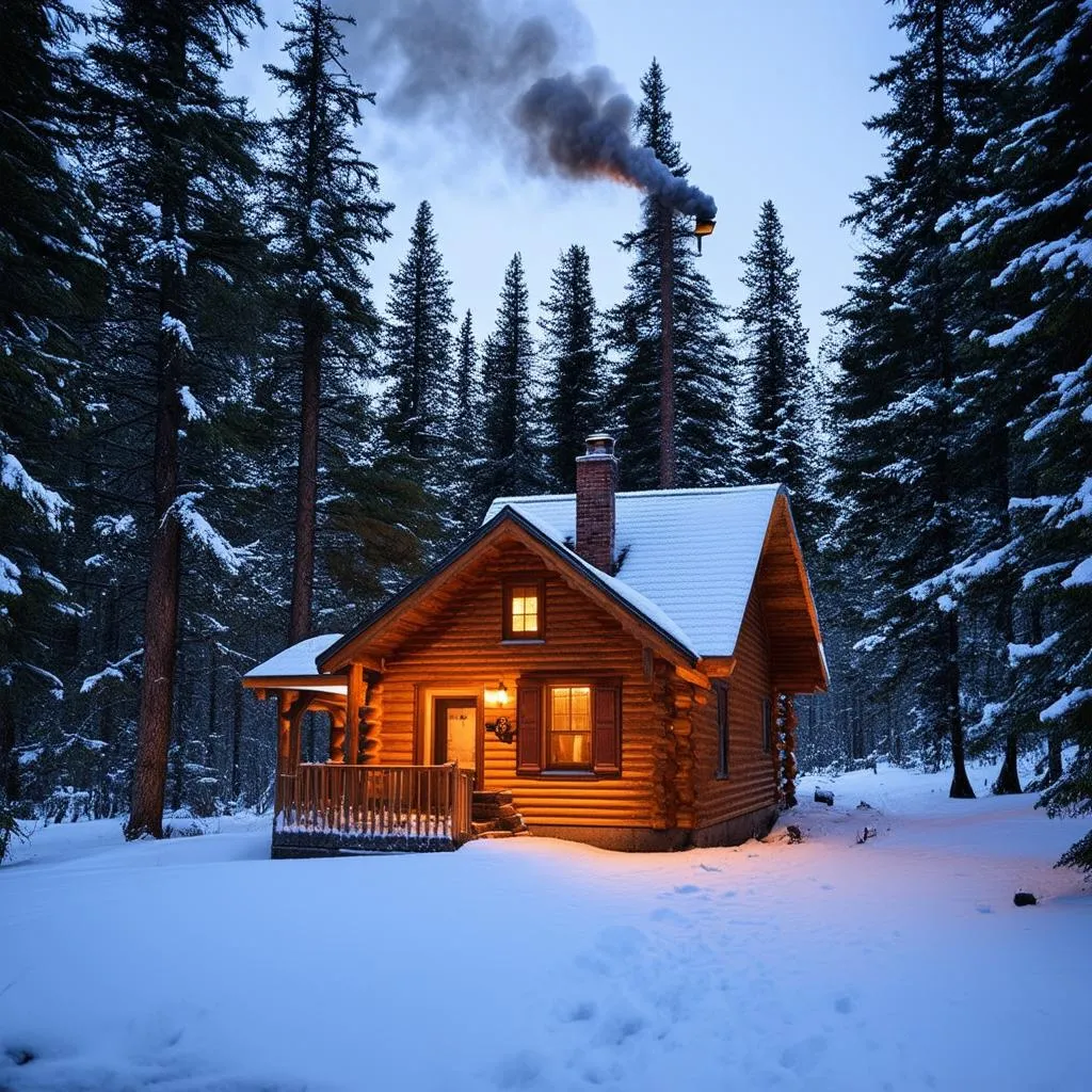 Cozy cabin in a snowy landscape