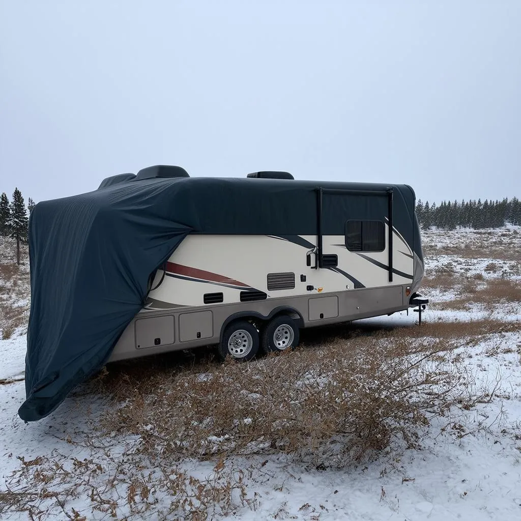 Winterized RV in Snow