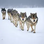 Wolf Pack Traveling in Single File