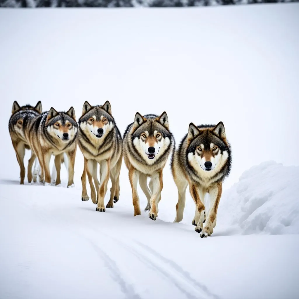 Wolves Traveling in Snow