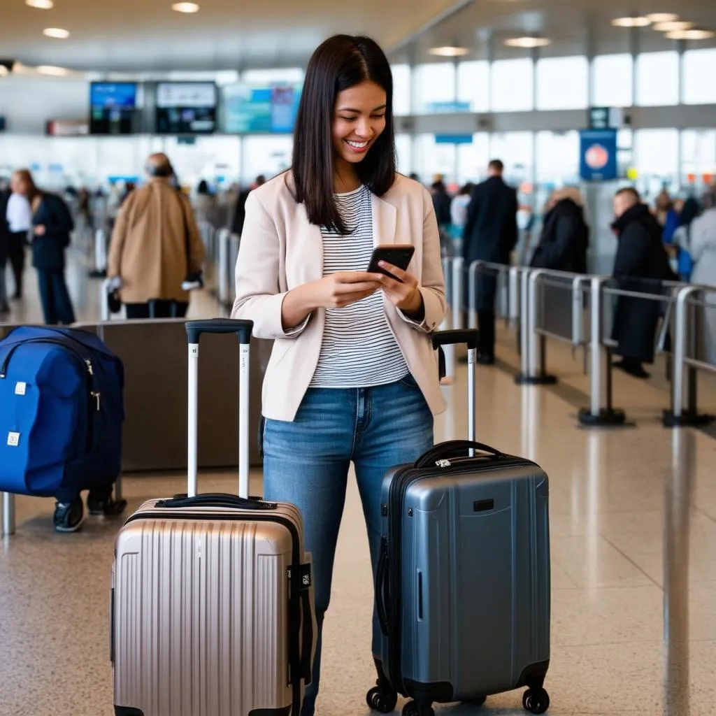 woman checking phone at airport