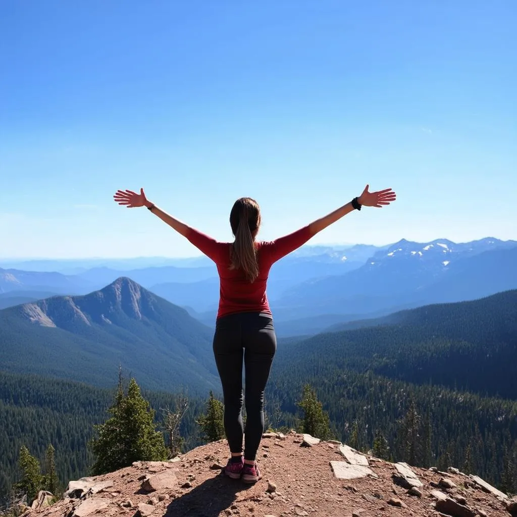 Woman breathing fresh air on a mountaintop