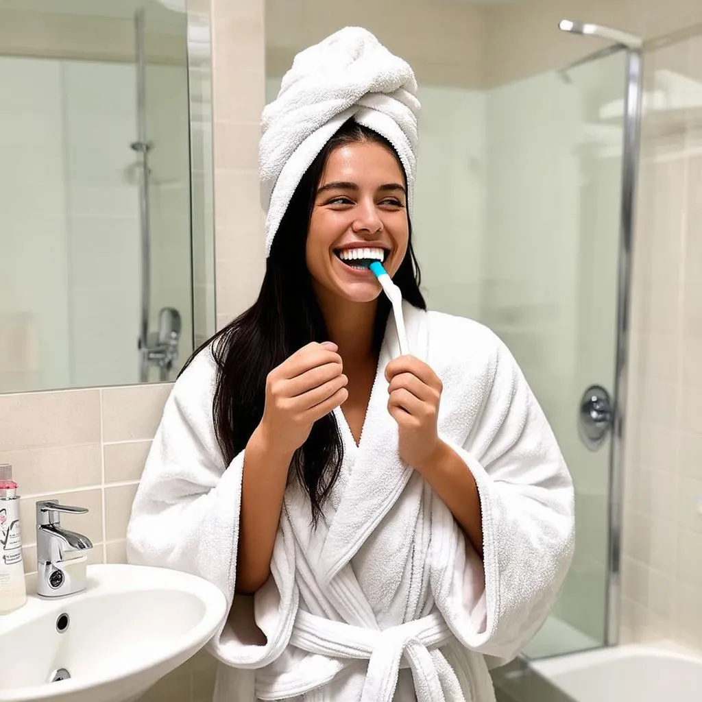 Woman smiling while brushing her teeth in a hotel bathroom.