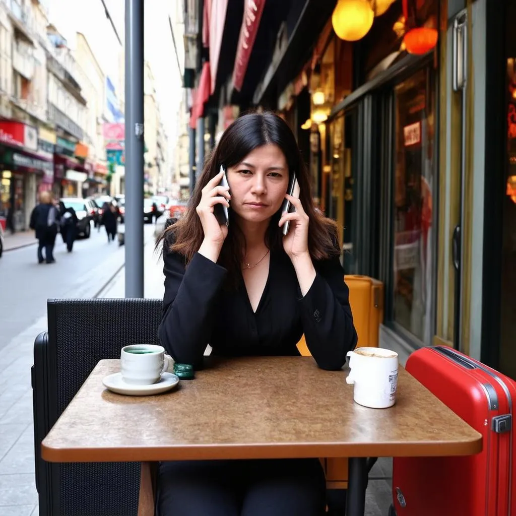 Woman calling insurance while traveling