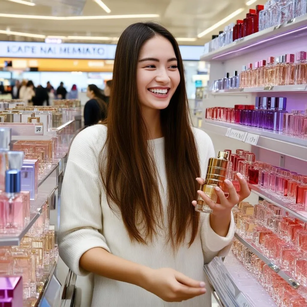 Woman choosing a perfume bottle in duty-free shop