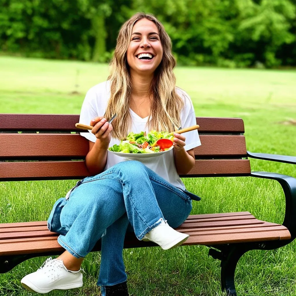 woman eating with travel cutlery