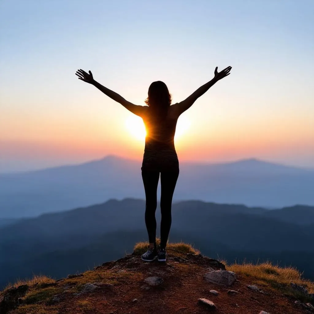 woman enjoying view from mountaintop