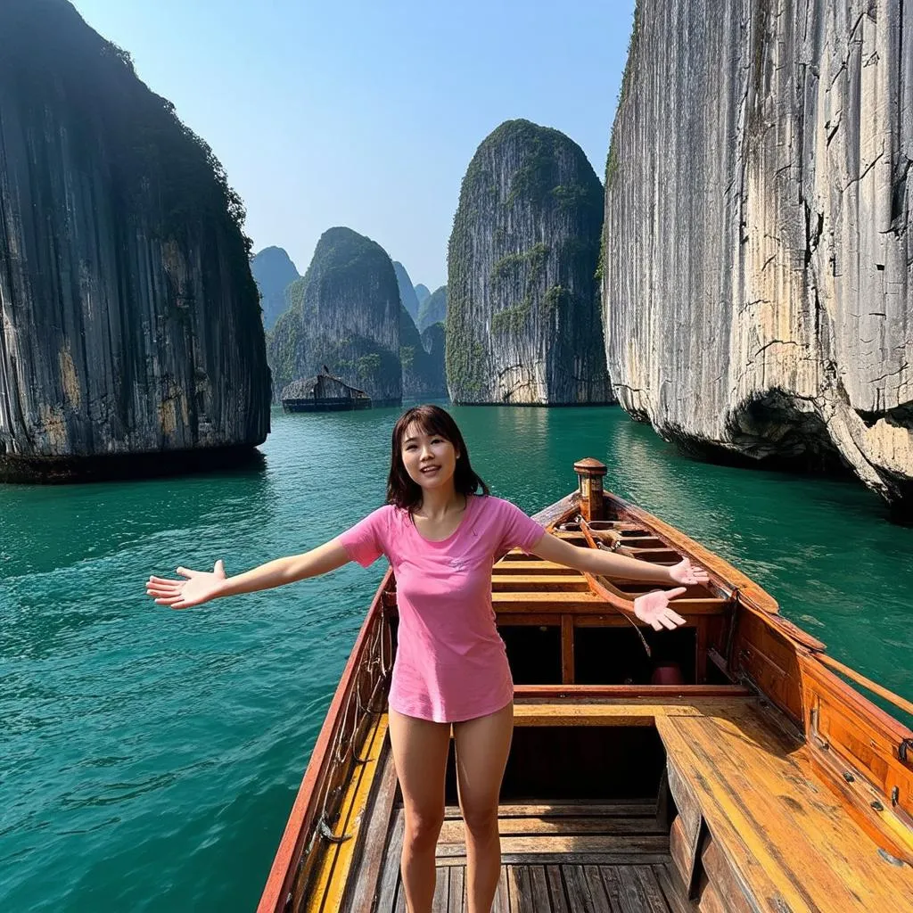 Woman mesmerized by Ha Long Bay scenery