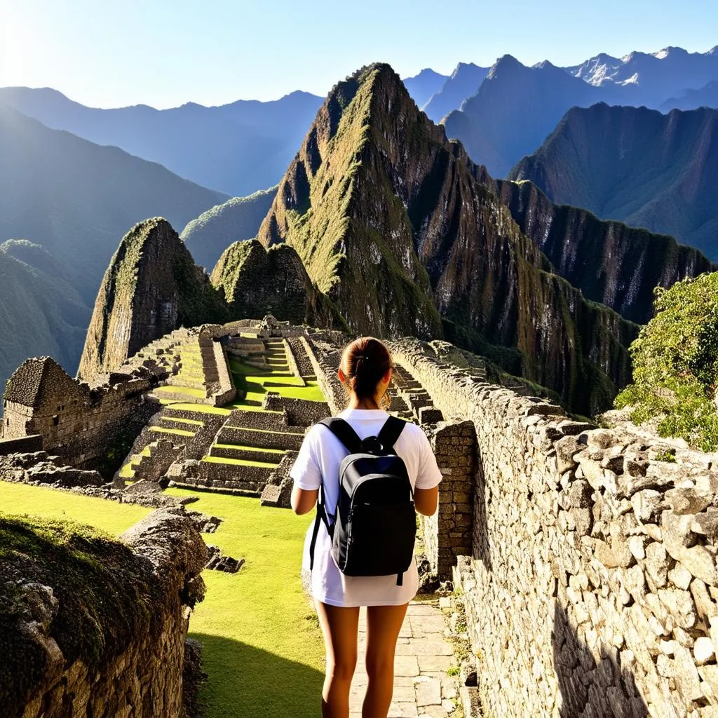 woman exploring ancient ruins in Peru