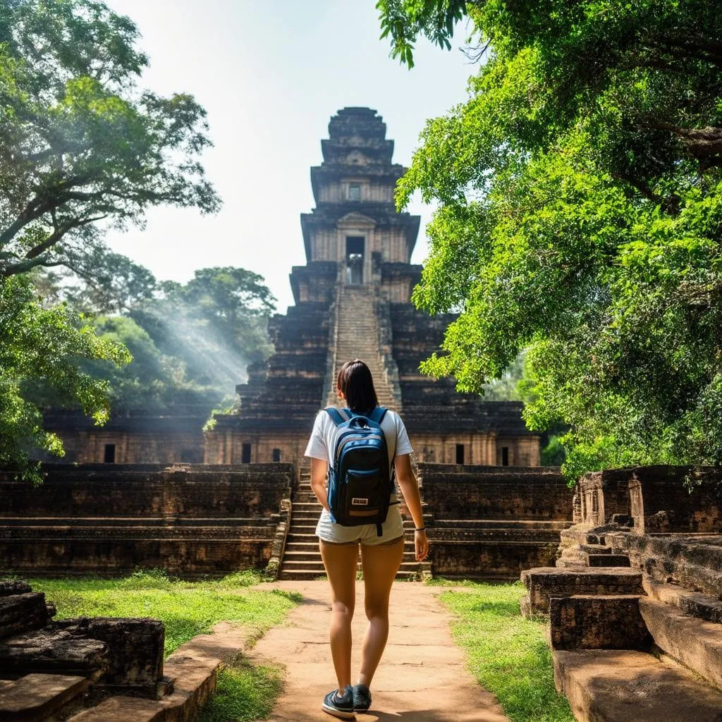 Woman Exploring an Ancient Temple