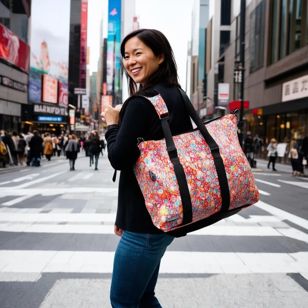 woman exploring a city with a duffel bag