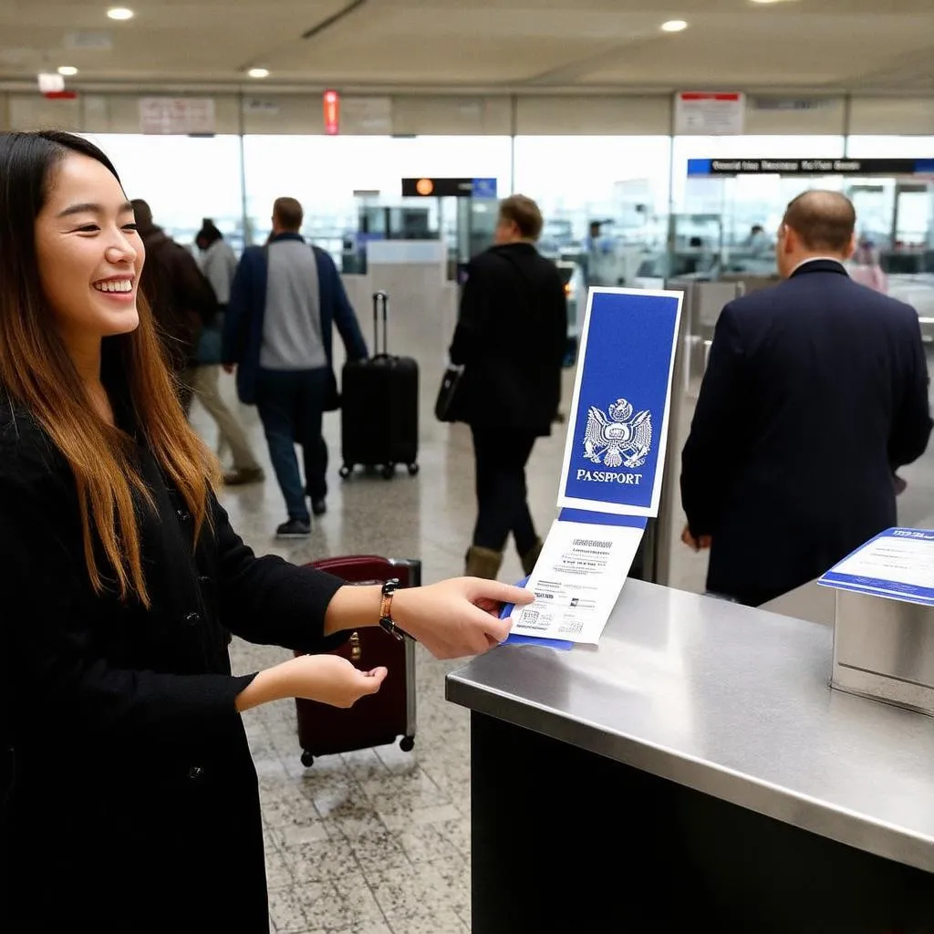 woman getting passport stamped