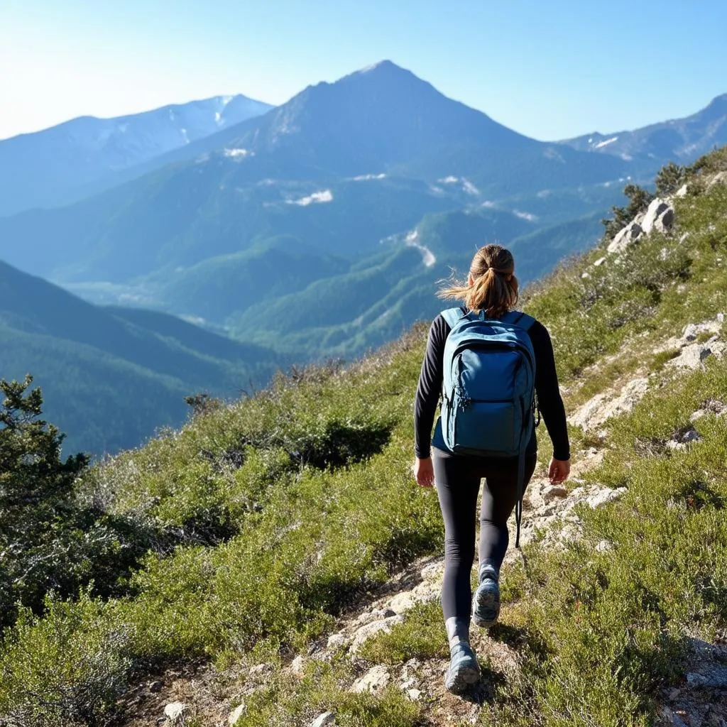 woman hiking with mountains in background