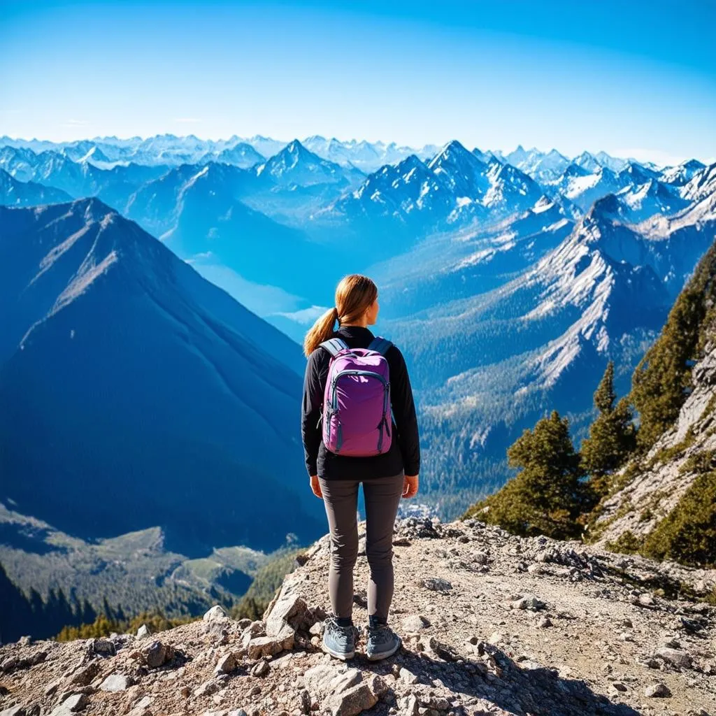 Woman Hiking Majestic Mountain Range