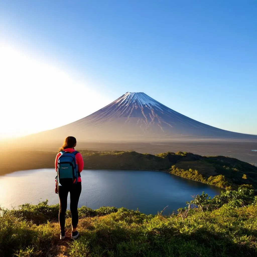 Solo hiker admiring a volcano