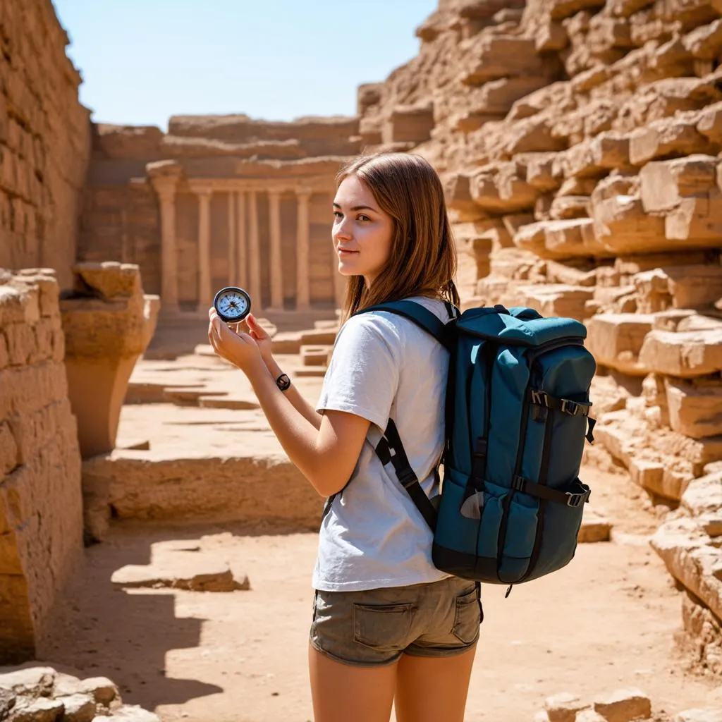 Woman Holding Compass at Ancient Ruins