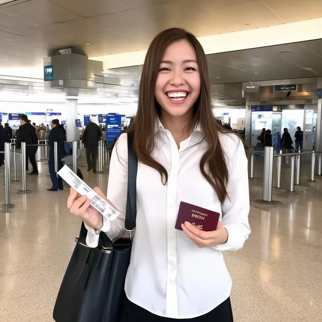 Woman Holding Passport and Boarding Pass at Airport