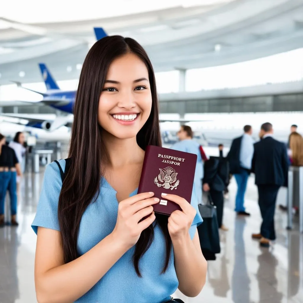 Woman holding her passport at the airport