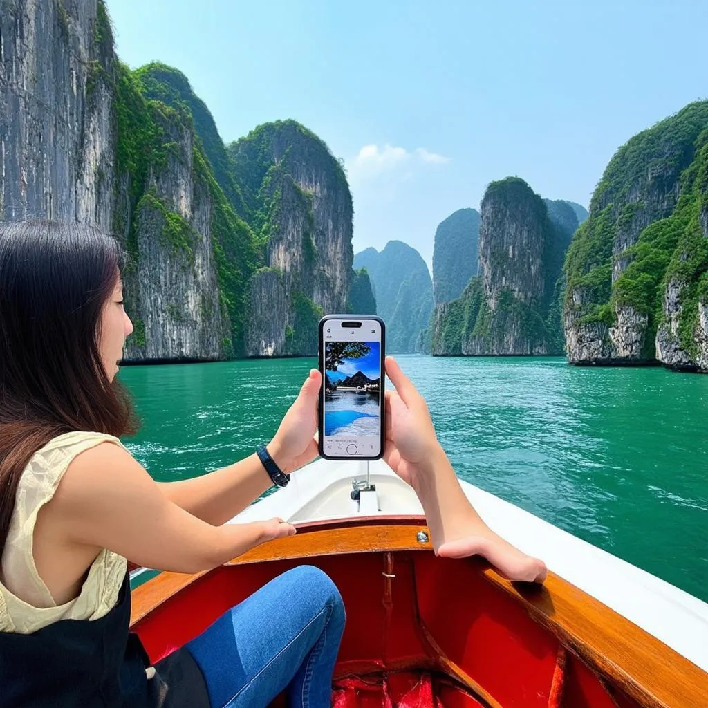 woman taking photo halong bay