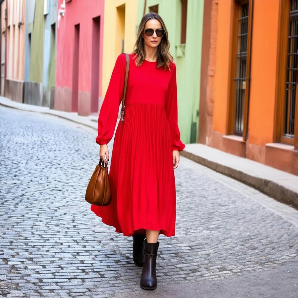 Woman in a flowy A-line dress exploring a European city.