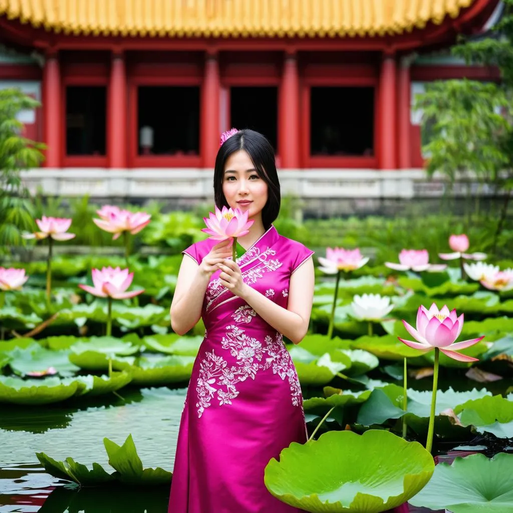 Woman in Traditional Dress with Lotus Flower