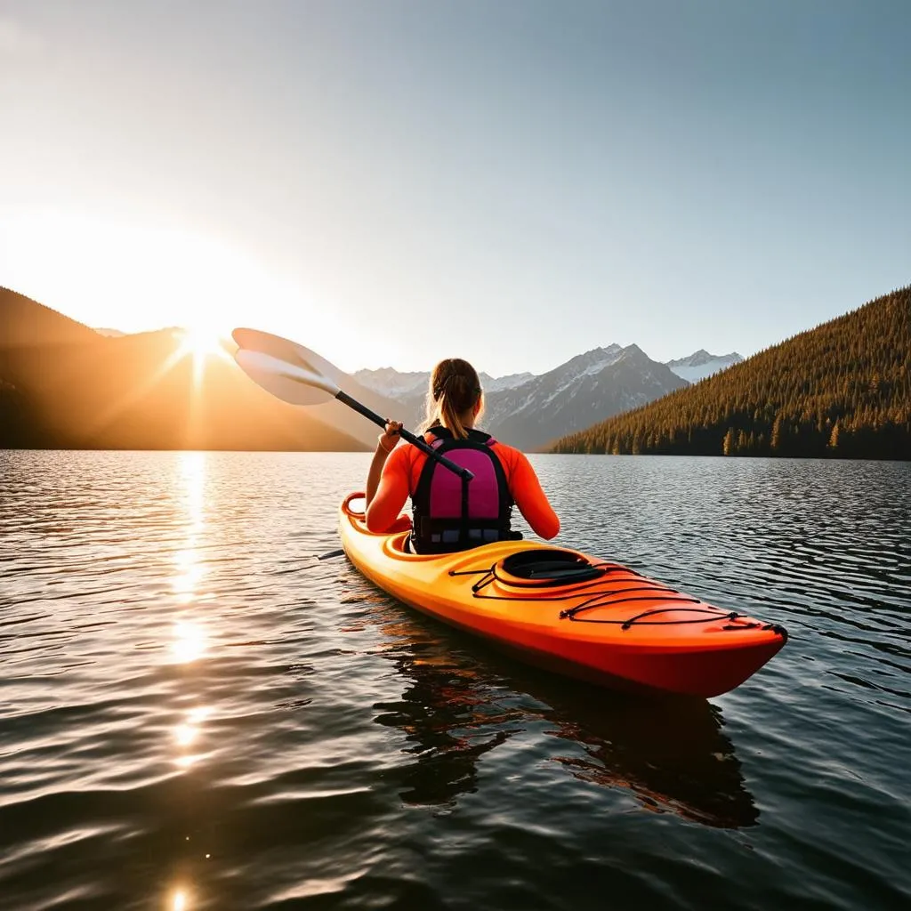 Woman Kayaking on a Lake