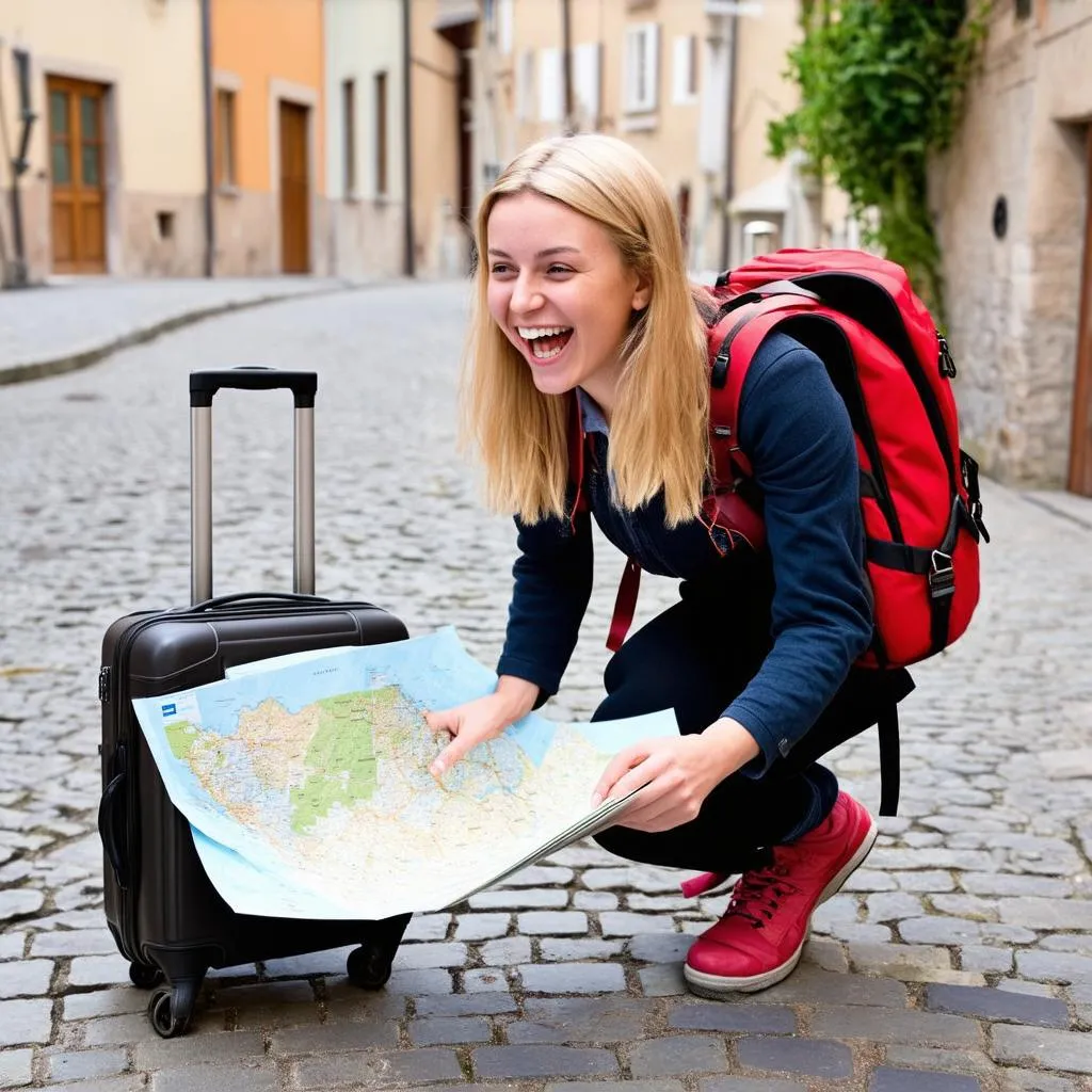 Woman Looking at a Map with a Luggage