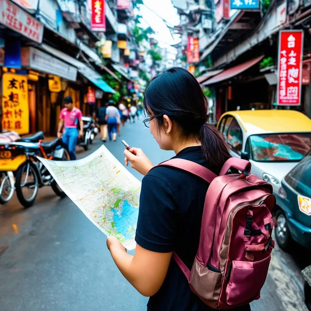 woman studying map