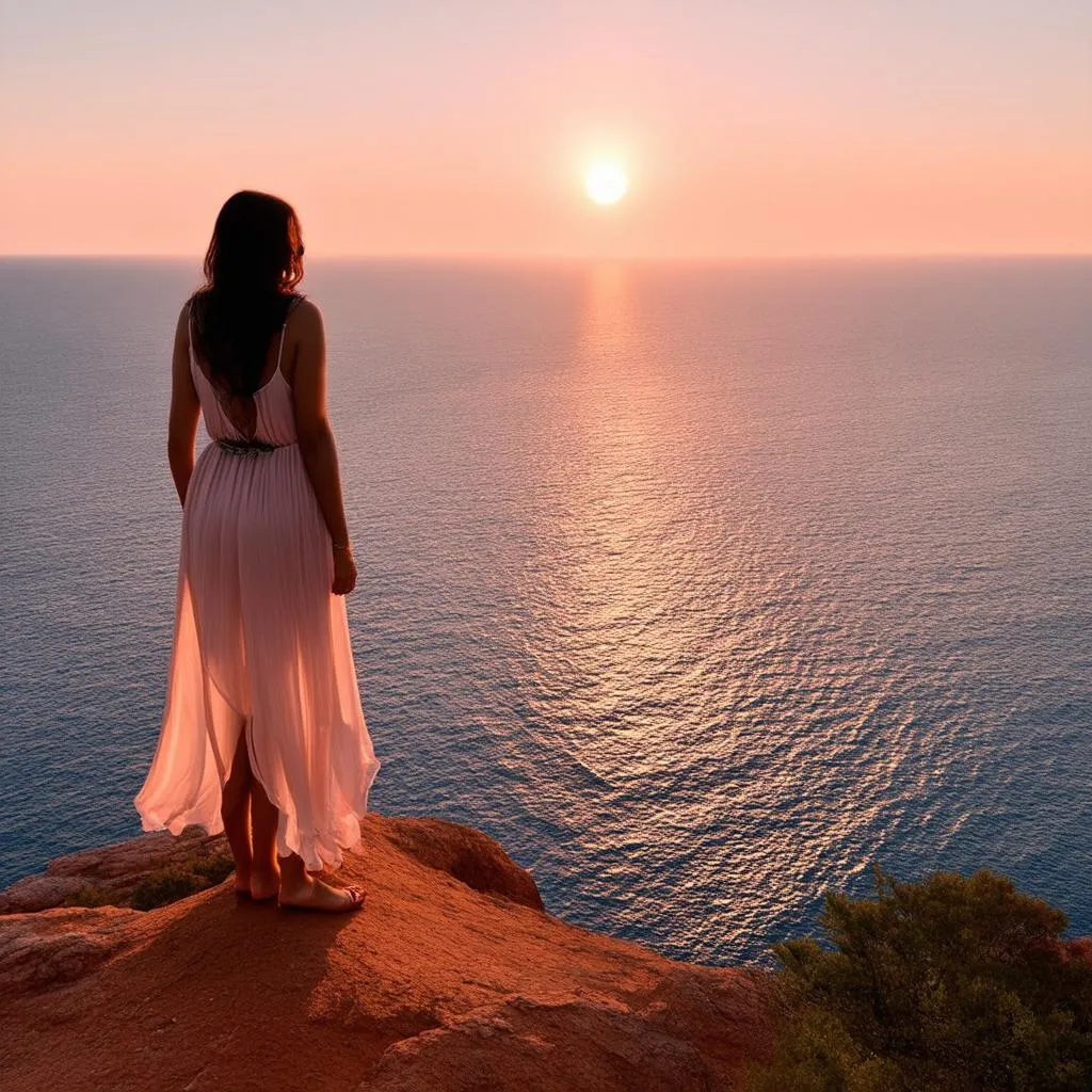 Woman admiring a beautiful sunset over the sea.