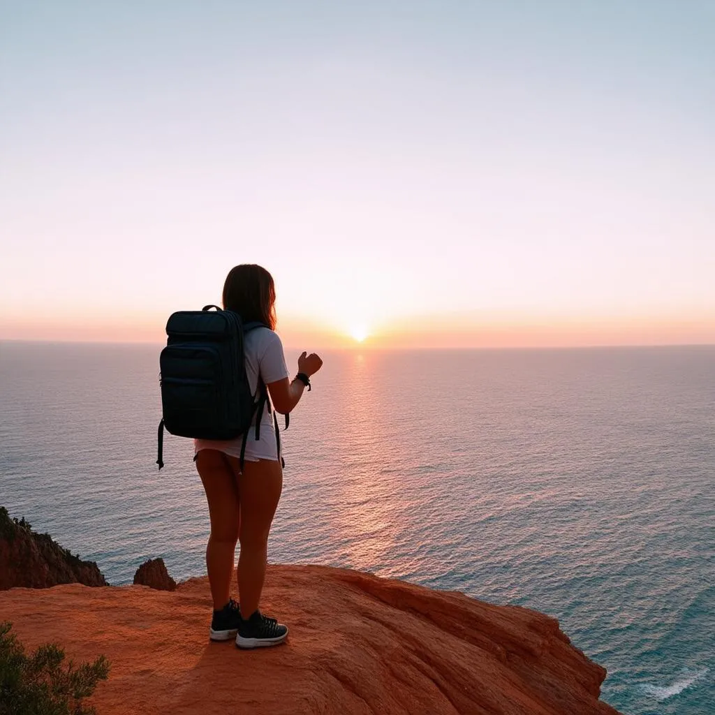 woman looking at sunset over ocean