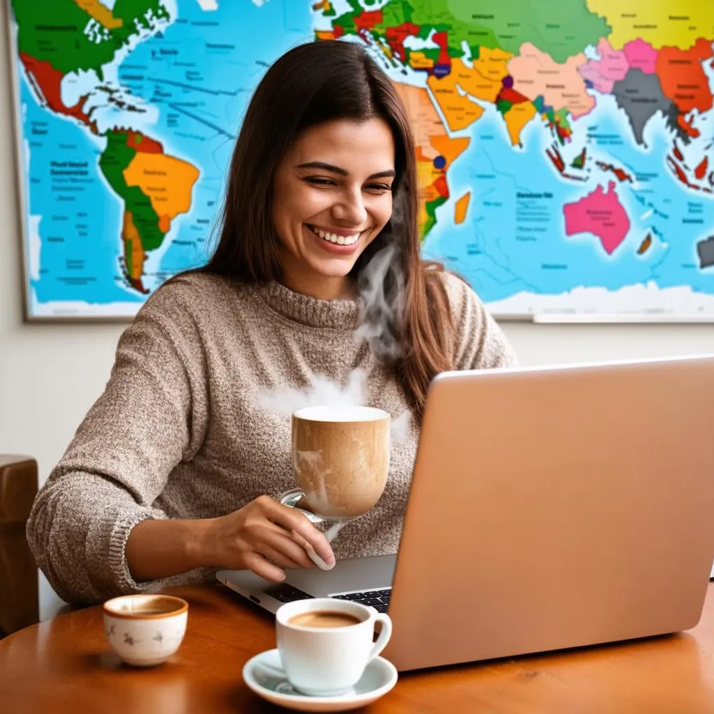 A woman researching travel destinations on a laptop.