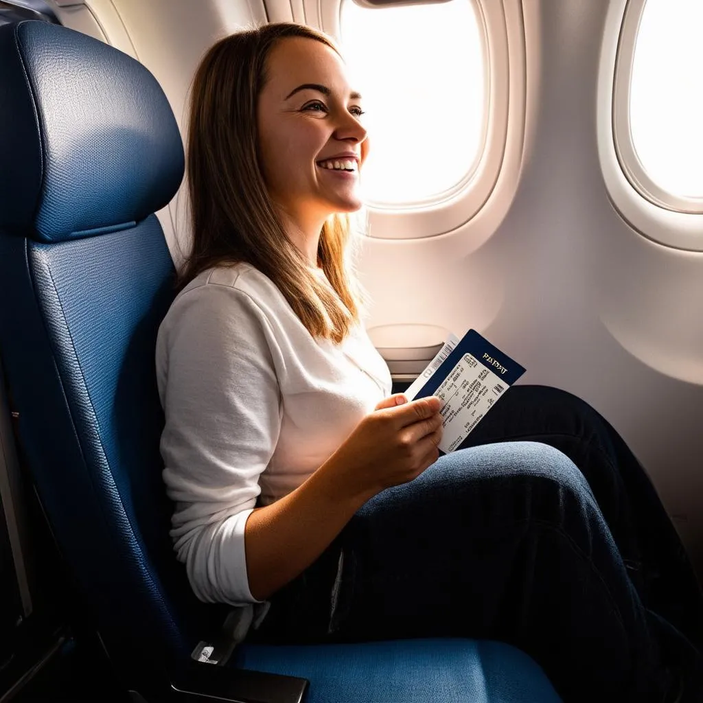 woman looking out airplane window