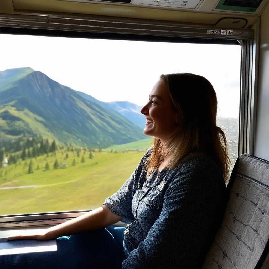 Woman on a bus looking at scenery