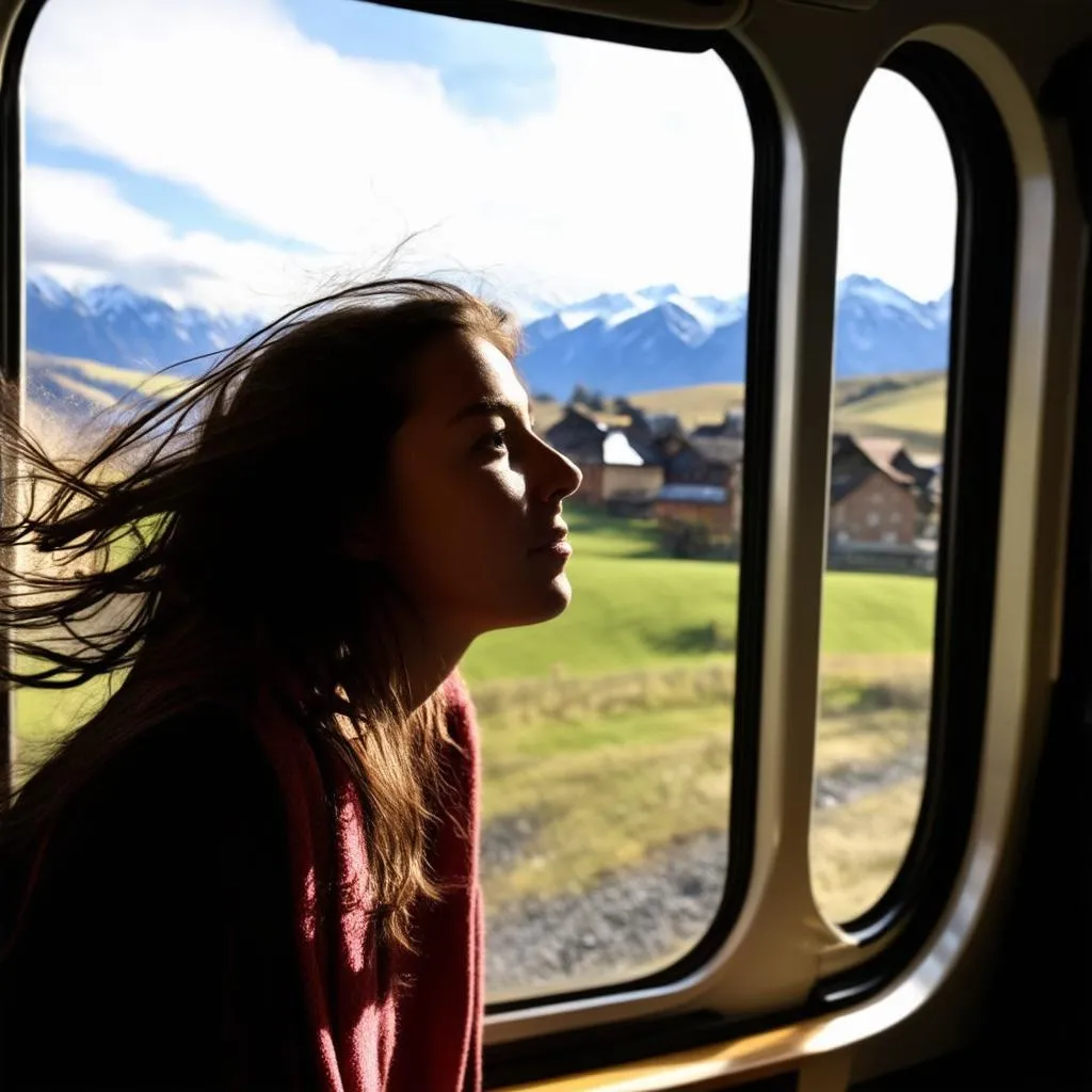 Woman gazing out train window