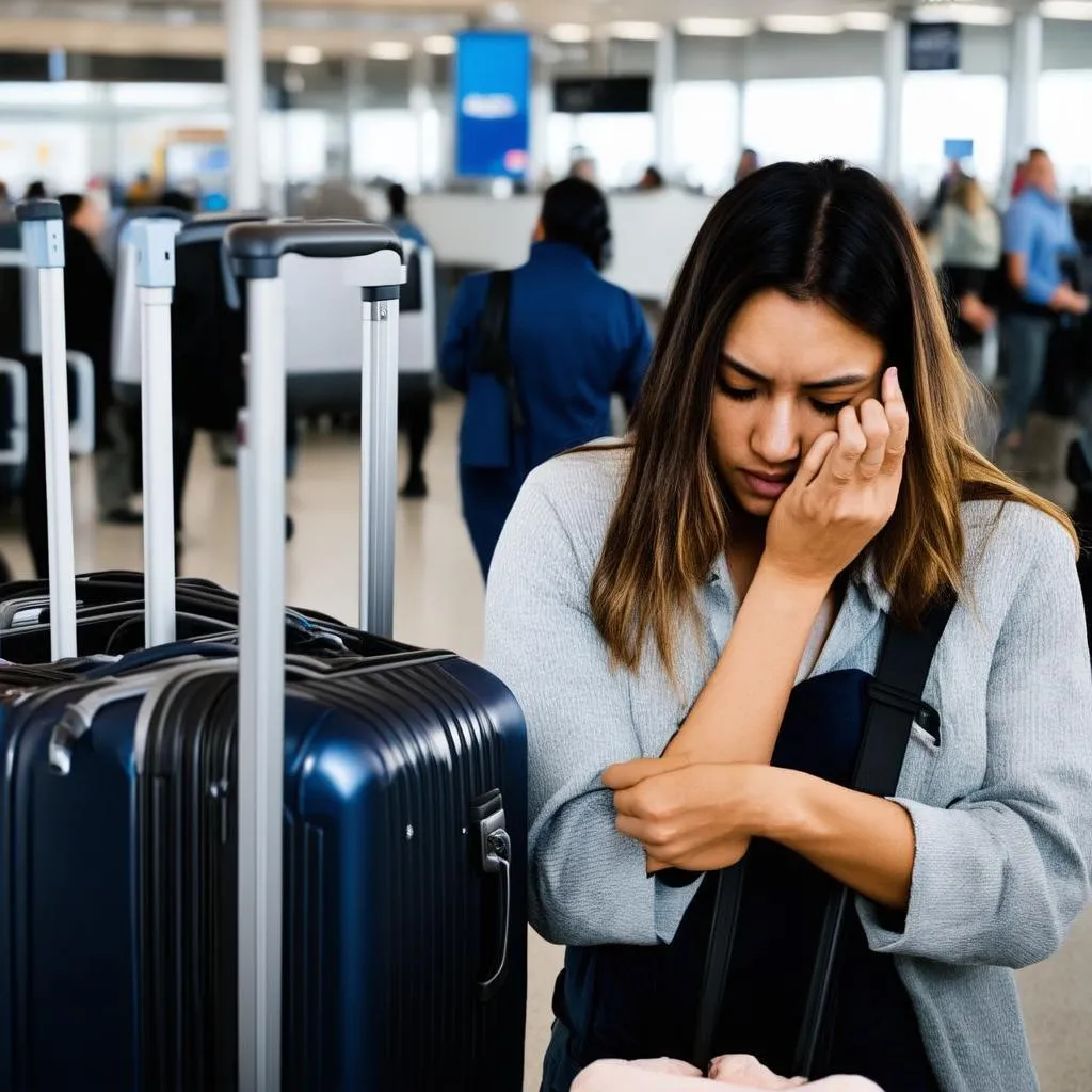 worried woman airport luggage